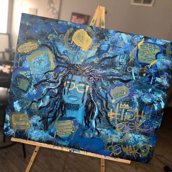 Handmade Other - Vibrant Blue and Gold Abstract Canvas